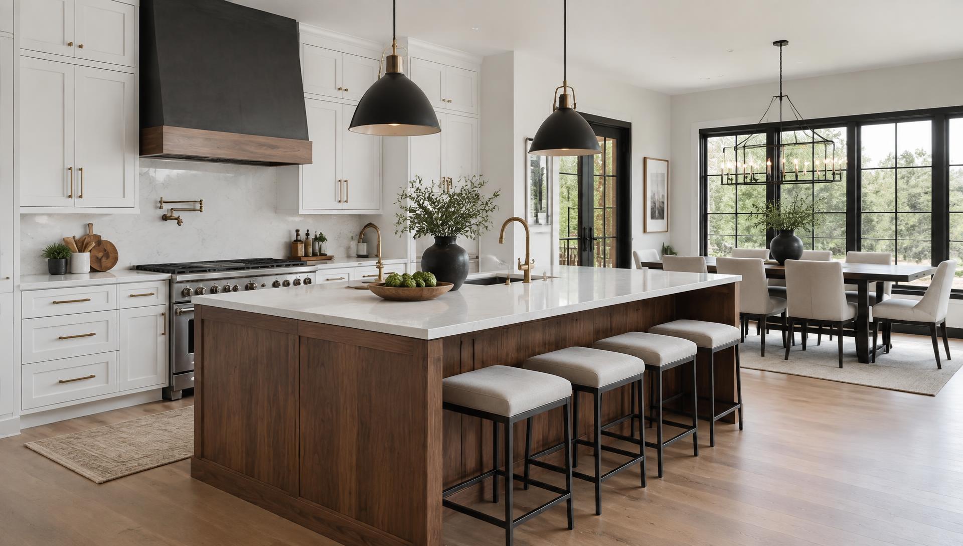 Remodeled Las Vegas kitchen with white cabinets, walnut island and quartz countertops